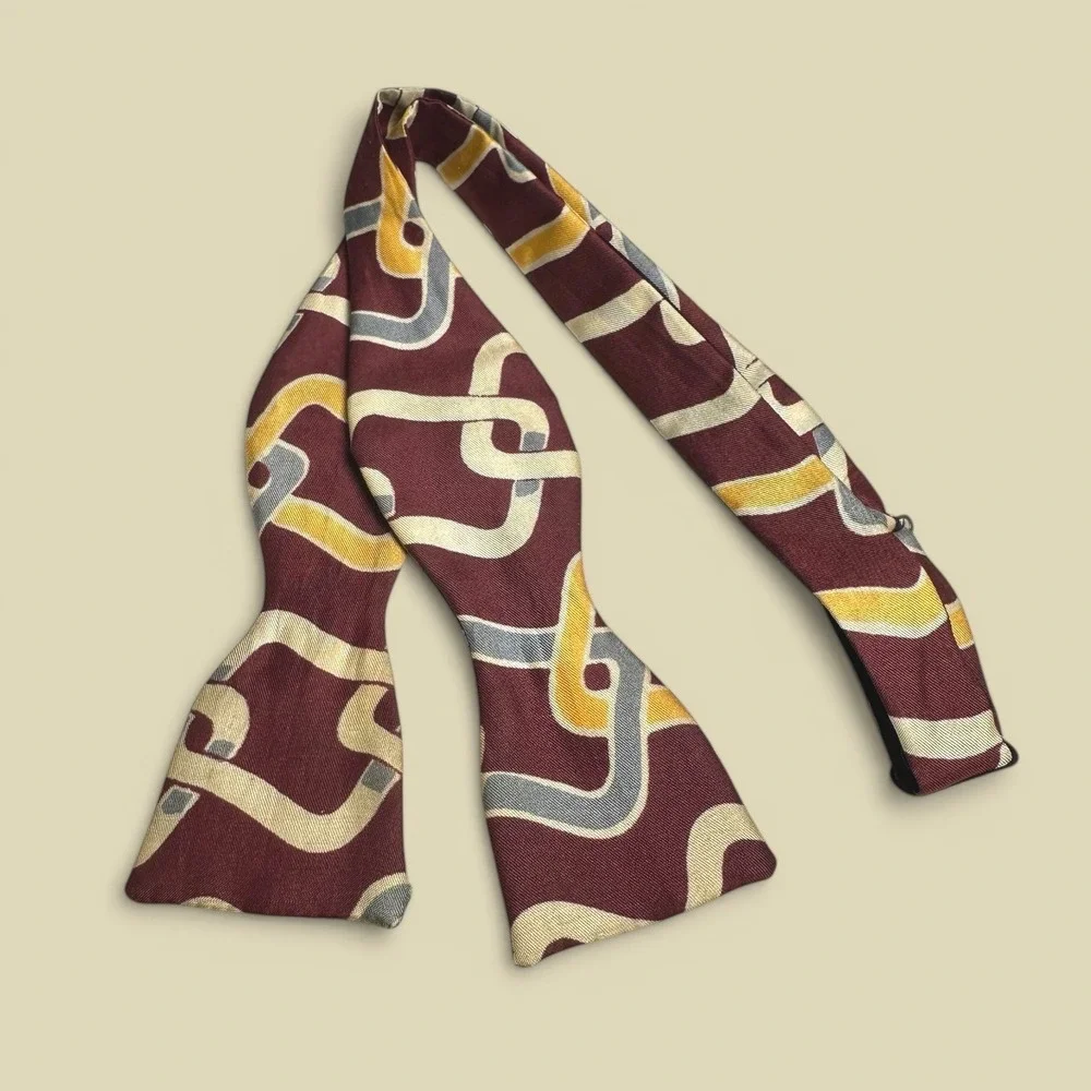 Vintage U-SET SIZE Mens Bowtie Burgundy Yellow Abstract Geometric Self Tie 13-16